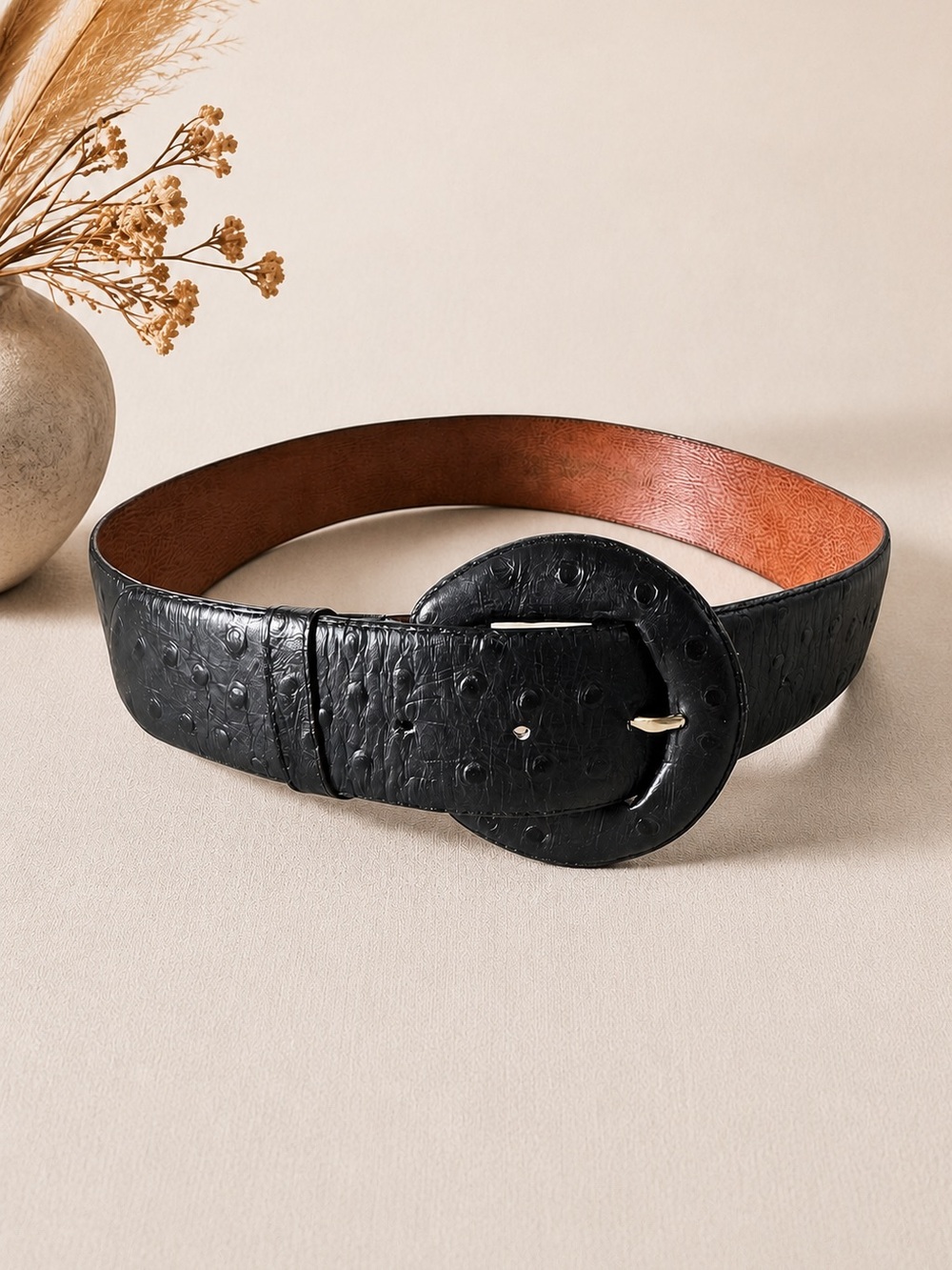 VTG Black Ostrich Embossed Leather Belt Oval Buckle Wide Waist Belt Boho Western
